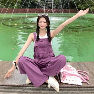 紫色高级感俏皮休闲工装牛仔背带裤女夏季新款美式设计感连体裤子