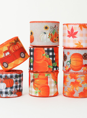 亚马逊新款感恩节丝带秋收主题织带黄色枫叶南瓜格子拷边装饰彩带