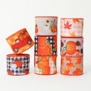 亚马逊新款感恩节丝带秋收主题织带黄色枫叶南瓜格子拷边装饰彩带