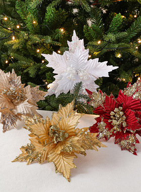新款圣诞26cm金色白色红色亮片绒布仿真圣诞花DIY插枝叶装饰