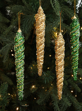 圣诞节装饰品新款绿色金色长条棱形水滴状异型挂件圣诞树粘粉挂饰