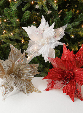 圣诞花装饰品金色红色亮片闪粉手工凤尾型仿真圣诞花圣诞树配饰