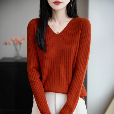 套头新款上衣坑条针织衫宽松长袖女25年安迪绒打底衫V领早秋纯色