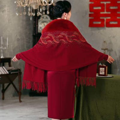 2025新款配旗袍毛领披肩秋冬婚宴喜婆婆妈妈礼服外套外搭红色高端