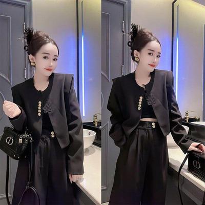 国风高级感休闲西装套装女秋款时尚气质国风外套直筒阔腿裤两件套