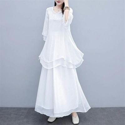 2025新款时尚中国风休闲套装夏天女士雪纺上衣裤子宽松显瘦两件套