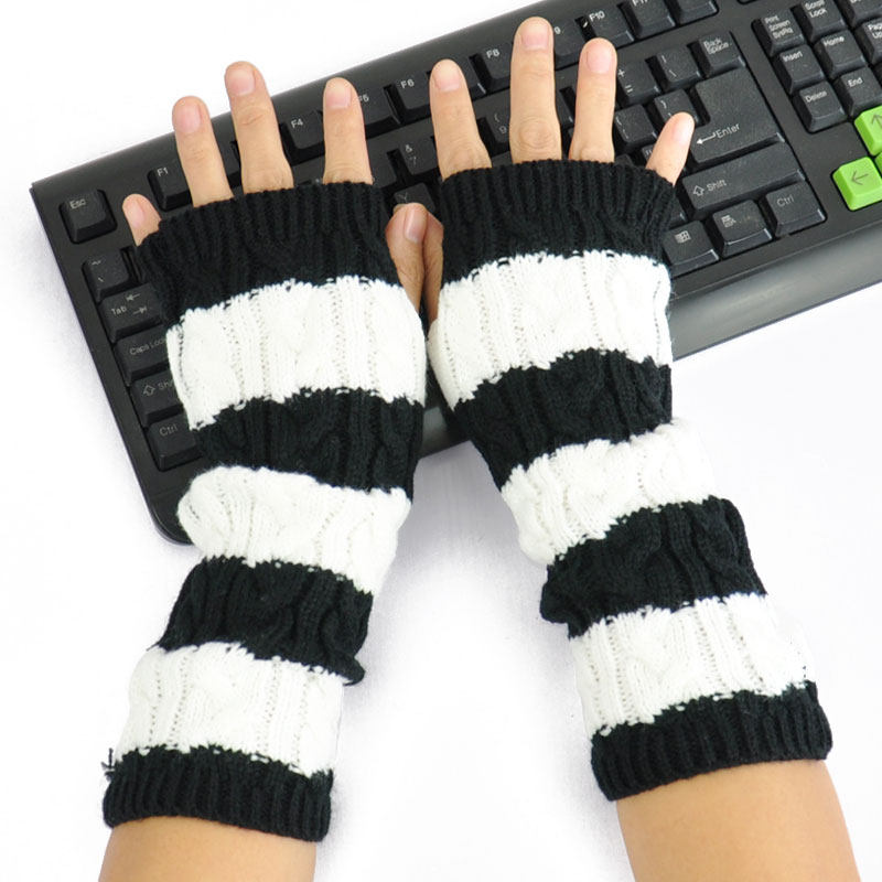 手套女冬韩版露指毛线手套女式冬季卡通可爱保暖长款半指手套0023