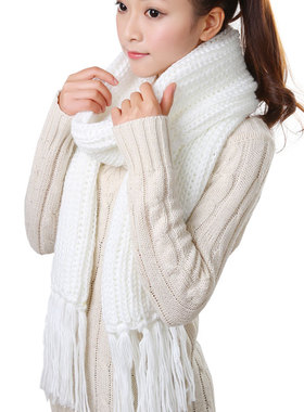 围巾女冬韩版毛线围巾女冬天白色流苏长款时尚保暖针织厚围巾0097