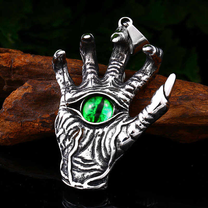 「恶魔之眼」欧美暗黑系绿色恶魔眼球骷髅手项链复古男哥特潮大码