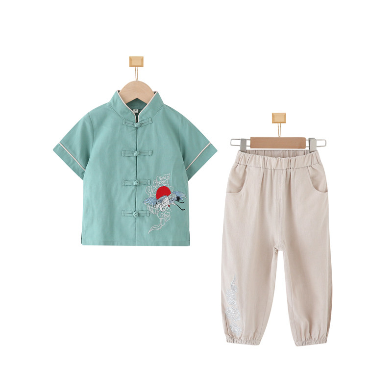 男童汉服国潮仙鹤唐装儿童夏季幼儿园服复古宝宝短袖长裤国学服装