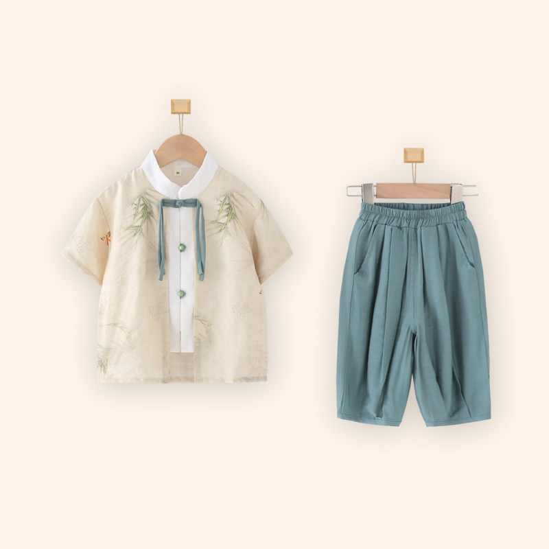 儿童汉服男童短袖套装夏季薄款周岁礼服国风新中式唐装小孩演出服