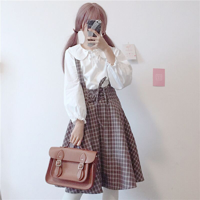 2018新款日系軟妹荷葉邊長袖襯衫+高腰格子半身裙休閑時尚套裝女在類目 女裝/女士精品, 半身裙中 - 來自Buy2taobao.com提供專業的淘寶代購服務