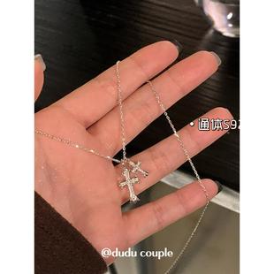 S925纯银爆闪满钻十字架吊坠项链女新爆款 轻奢小众高级感锁骨颈链