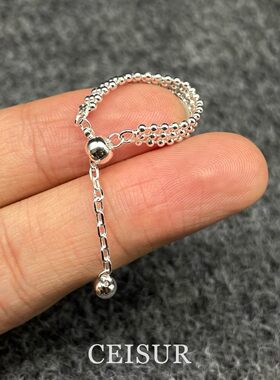 银色双层圆珠可抽拉流苏戒指女