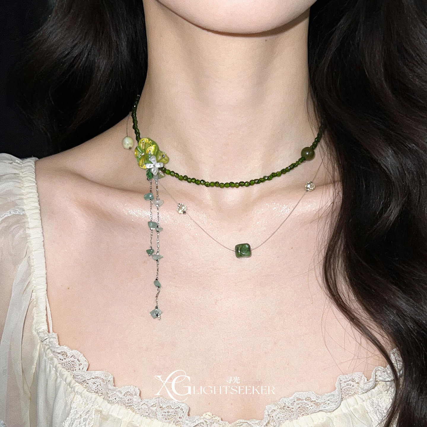 绿色花朵串珠流苏choker项链女图片
