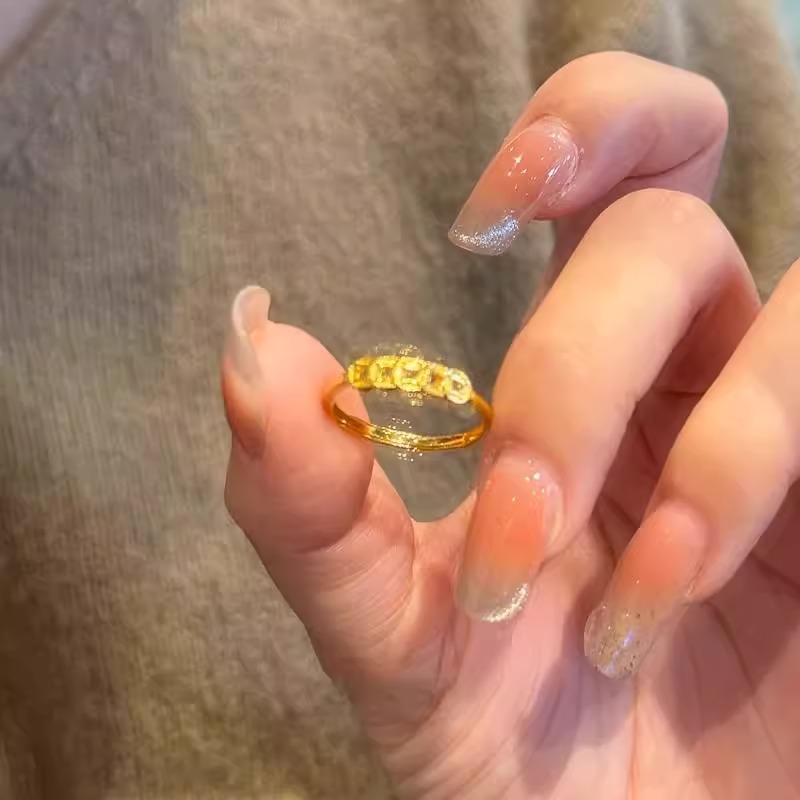 沙金不掉色五帝钱戒指女小众设计