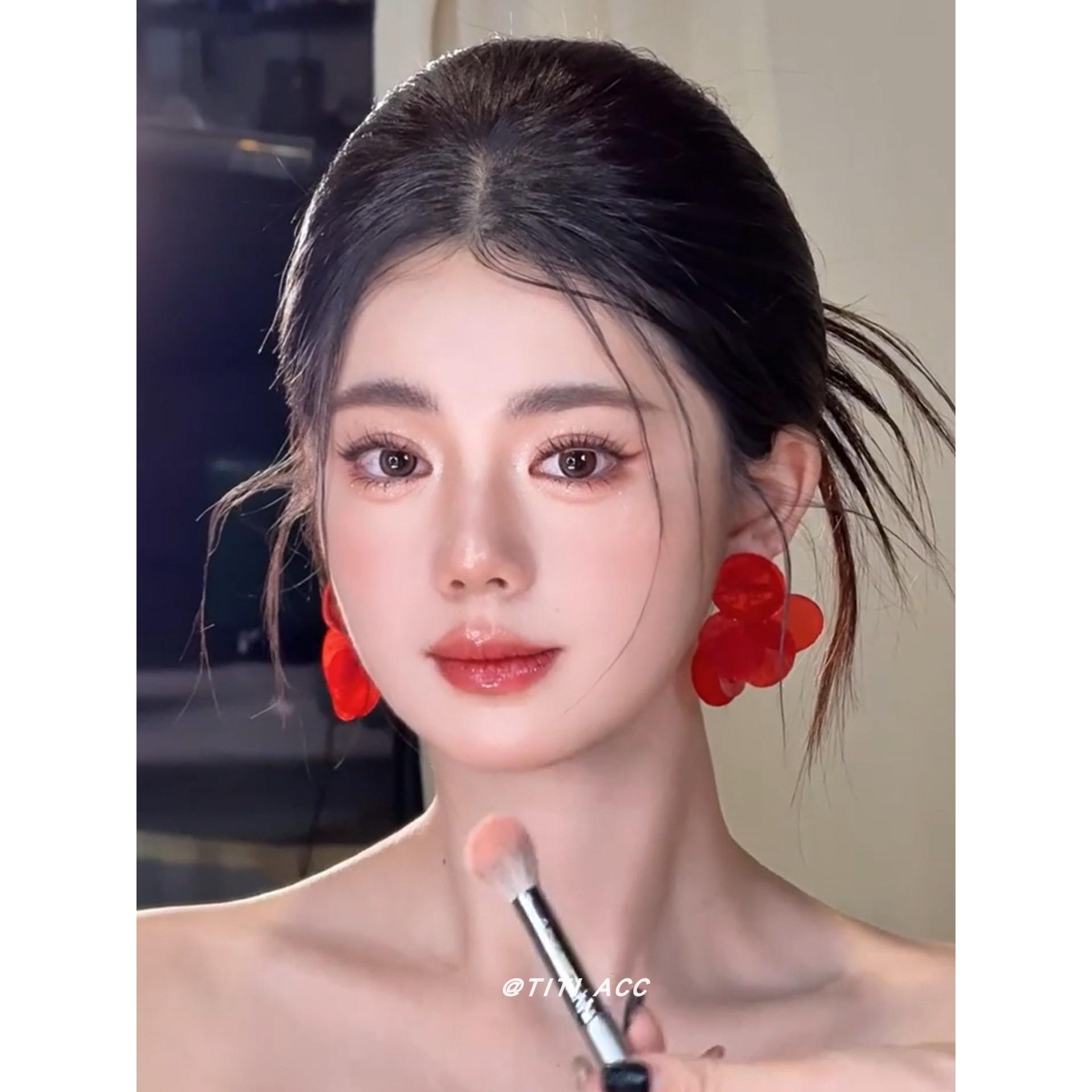 S925纯银红色圆片贝壳流苏耳环女轻奢小众高级感气质绝美耳钉耳饰