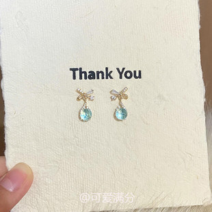 清冷感蝴蝶结薄荷绿圆珠耳钉精致时尚高级感耳环气质百搭小众耳饰