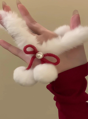 圣诞红色蝴蝶结毛绒项圈项链