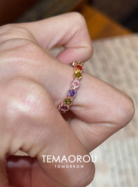 彩色仿宝石花朵闪钻开口戒指女