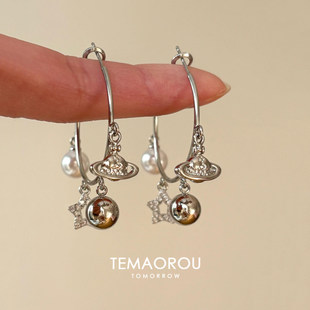 土星银球做旧银色流苏圈圈耳环2026新款显脸小耳饰圆圈耳圈耳钉女