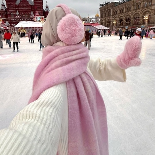 韩系ins风蜜桃粉大号围巾冬雪地氛围感加厚保暖显白防风耳罩披肩