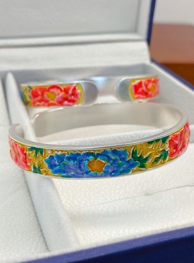 足银999.9描金珐琅荷花纯银手镯新中式风国潮送礼