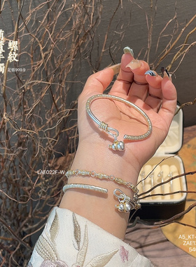 足银999.9描金螺纹葫芦开口手镯女国风新中式轻奢小众设计