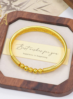 沙金花草纹手镯錾刻珠珠繁花镯贵妃镯国风大气百搭轻奢设计感镯子