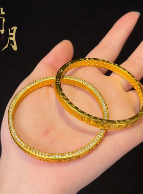 沙金吉言克罗芯手镯高保色六字真言錾刻闭口镶钻百搭女生手环饰品