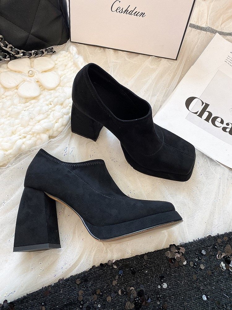 2024年新款高跟防水台深口单鞋方头粗跟弹力磨砂套脚百搭气质女鞋,女鞋,深口单鞋,淘宝优惠券,粉丝福利购,淘宝优惠卷