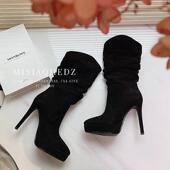 秋冬鞋 黑色真皮高跟防水台气质尖头短靴堆堆靴 女鞋 子2024新款 爆款