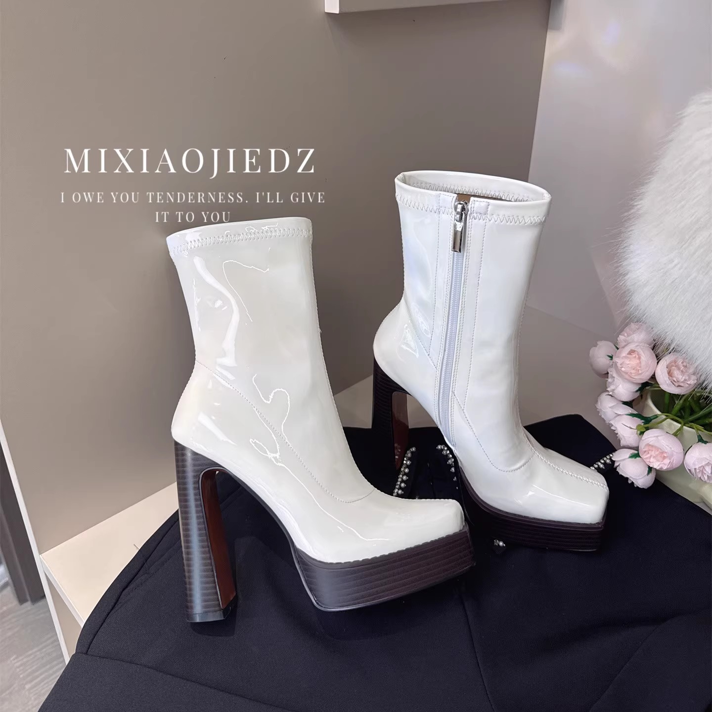 韩系粗高跟鞋秋冬防水台短靴