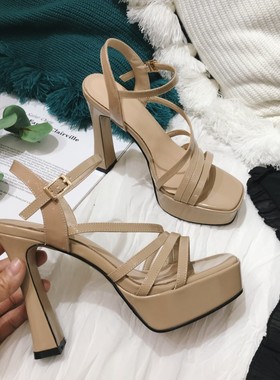 2024新款真皮粗高跟防水台方头凉鞋一字带露趾女鞋名媛气质12cm超