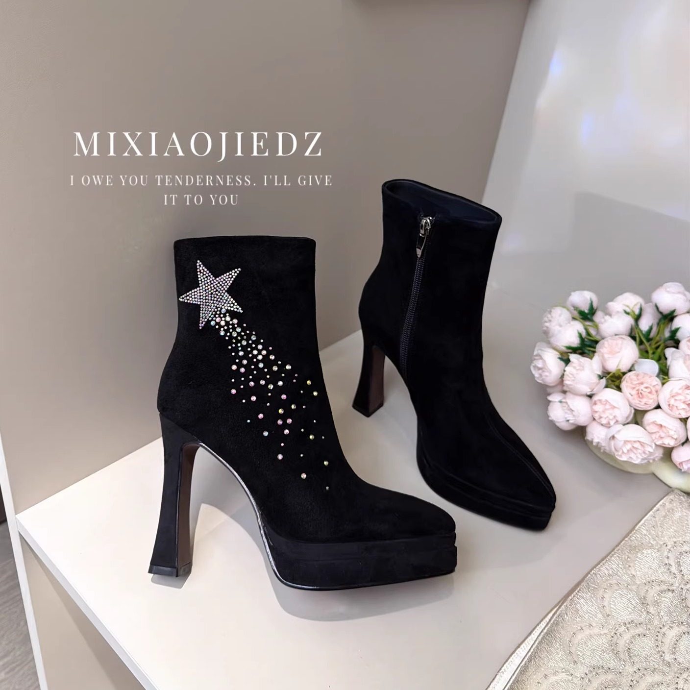 米小姐轻奢高端2025新款细高跟防水台不累脚短靴真皮水钻气质女鞋,女鞋,时装靴,淘宝优惠券,粉丝福利购,淘宝优惠卷