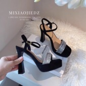 真皮水钻粗跟防水台一字带凉鞋 网红鞋 凉鞋 女夏季 子女2025新款 爆款