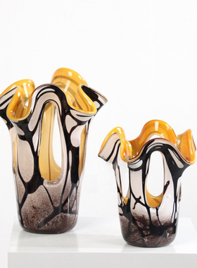 中古风黄色镂空琉璃花瓶样板间售楼处客厅沙发边几玄关大口径花器