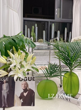 外贸出口手玻璃工摹刻绿色花瓶摆件花器花朵刻花清爽配色