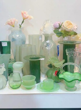 绿色系列手工玻璃花瓶复古芬顿水壶水培花器水养鲜花摆件中古风