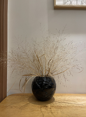 中古vintage黑色玻璃花瓶摆件客厅插花装饰品高级感轻奢风家居