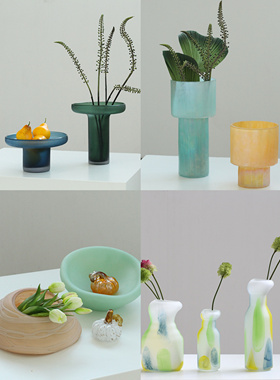 现代简约磨砂白蓝色透明玻璃花瓶水培插花花器工艺品家居摆件