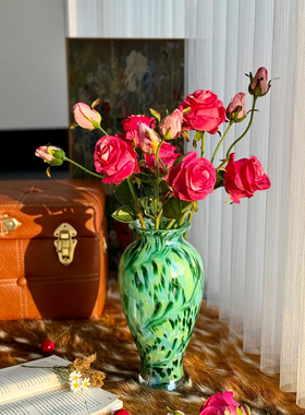 新中式琉璃复古花瓶绿色凤尾高级感艺术摆件装饰客厅玻璃花器