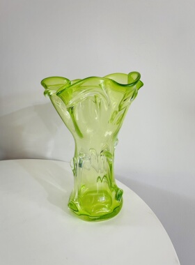 超透罕见绿色白菜花瓶外贸出口手工玻璃花器高29.5口径19