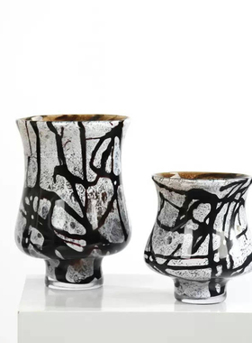 新中式侘寂简约插花花艺装饰摆件黑色鎏银禅意琉璃花瓶黑灰条纹