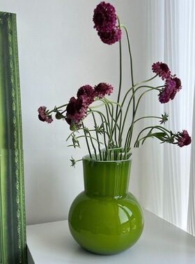 复古深绿色中古大肚花瓶外贸出口手工玻璃花器高21口径11肚18