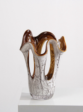 现代简约白色裂纹内里黄色镂空玻璃花瓶样板房客厅餐厅花艺软装饰