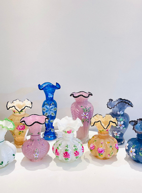 手绘款芬顿花瓶手工吹制玻璃fenton风格花器白紫蓝粉色尤马马同款