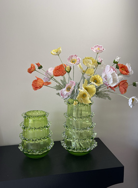 中古风绿色玻璃花瓶摆件客厅插花高级感轻奢复古法式餐桌装饰品