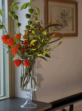 中古灰色玻璃高脚花瓶风灯花器高级感简约复古风装饰花瓶插花摆件