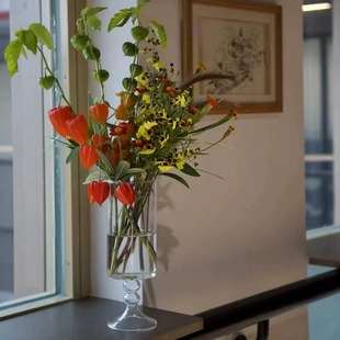 中古灰色玻璃高脚花瓶风灯花器高级感简约复古风装饰花瓶插花摆件